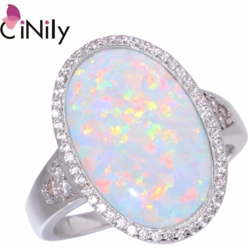 CiNily Created White Fire Opal Cubic Zirconia Silver Plated Wholesale for Women Jewelry Christmas Gift Ring Size 7-9 OJ9270