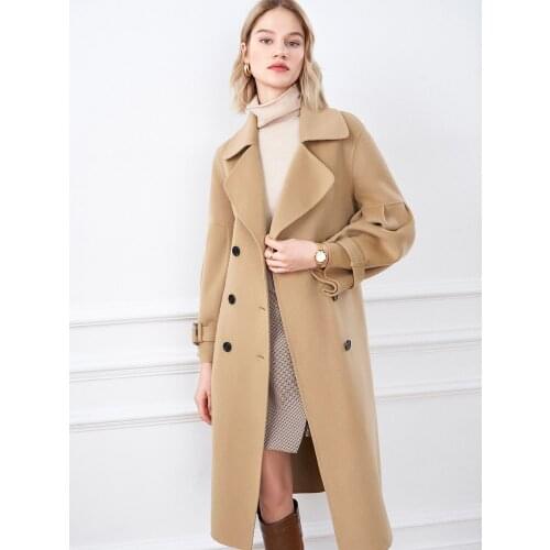 The Same Poem of Stars 2021 Winter New Long Over Knee Lapel Lace Up Waist Tweed Coat