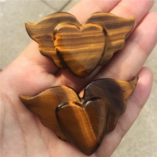 Beautiful crystal carvings natural hand-carved stone yellow tiger eye carved love heart for birthday wings heart 1pcs