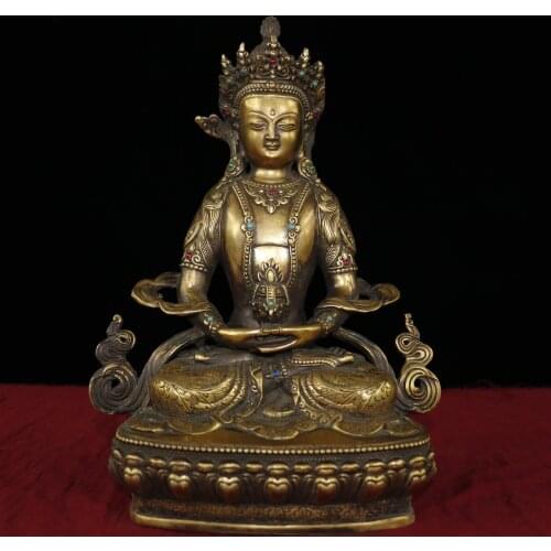 12"Tibet Buddhism Old Bronze Gilt Gem Longevity Buddha Immortal Life Wisdom Tathagata Sitting Buddha Lotus Terrace Enshrine