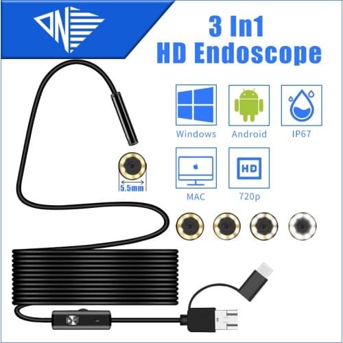 5.5mm Far Focus Len 3 in 1 HD Endoscope 720P Video Inspection Camera IP67 Industrial Tube Mirco USB Type-C Phone Borescope 1-10m