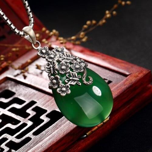 Pure silver chalcedony agate pomegranate red retro high-grade joker plum flower wholesale women sweater chain pendant