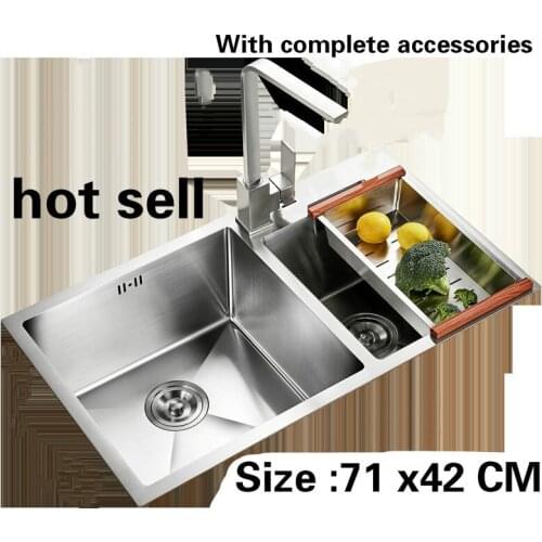 Free shipping kitchen sink manual double groove 3 MM thick food grade 304 stainless steel ordinary durable 71x42 CM