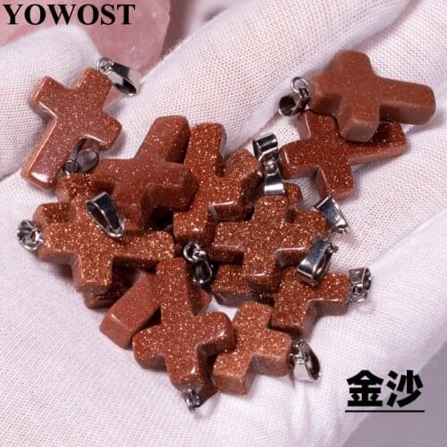 Wholesale 10Pcs/Lot Golden Sand Natural Stone Charms Pendants Cross Shaped Dangle Beads QV0072