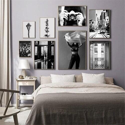 Black And White Daisy Flower Posters Camera Fashion Woman Canvas Painting Window Street Wall Art Print Pictures Bedroom Decor