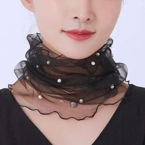 Korean Womens Mesh Elastic False Collars Neck Protective Sleeves Headwear Bib Summer Lace Pearl Thin Sunscreen Scarf P55