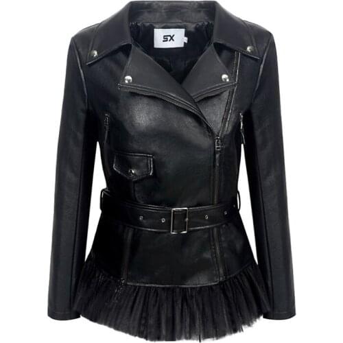 Liva girl Women Pu Leather Jacket Sweet Girl Leather Coat Short Style Ruffles Black Female Coat