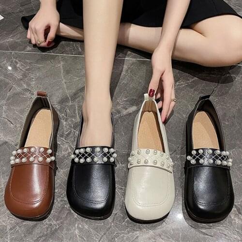 All-Match Womens Loafers Shoes British Style Oxfords Autumn Female Footwear Casual Sneaker Pearl Decorateion Round Toe Slip-on N