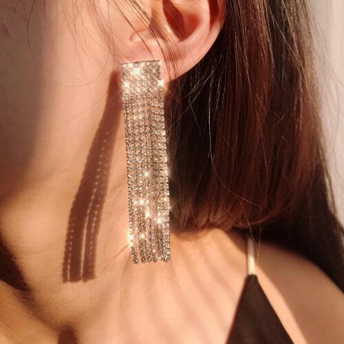JUST FEEL Fashion Shiny Long Tassel Drop Earrings Full Rhinestone Geometric Dangle Earrings Wedding Party Female Statement Gift