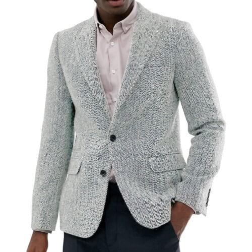 Mens Herringbone Jacket Tweed Formal Lapel Notch Tweed Wool Tuxedos Blazer Slim Fit Winter Coat Wedding Grooms(Only Jacket)