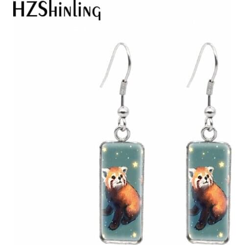 2021 New Red Panda Rectangular Earring Lovely Animal Fish Hook Earrings Glass Cabochon Handmade Jewelry