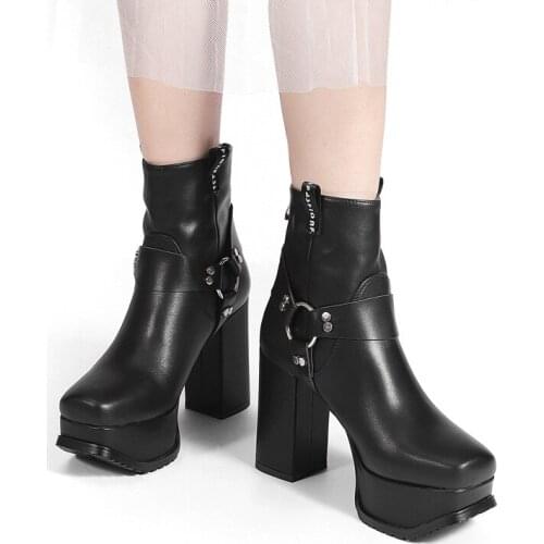 New 2021 Autumn Winter Warm Shoes Woman Chunky Ankle Boots Genuine Leather High Heels Platform Dress Party Casual Riding Boots