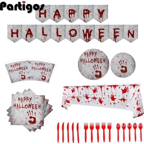 Bloody Handprint Theme Disposable tableware Halloween Party Supplies Paper Cups Tablecloth Paper Plate Pull Flag Decoration