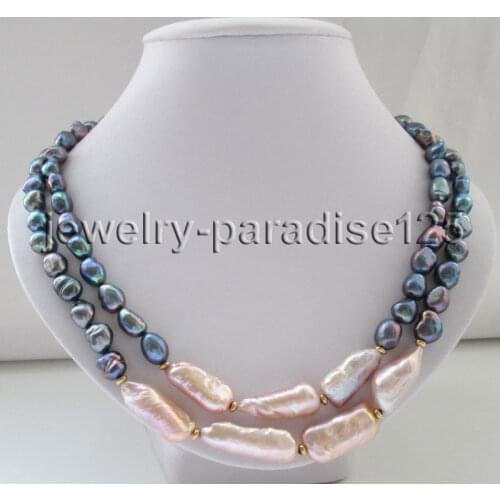 2row 19"-20" 9*11mm black& 21-28mm baroque keshi reborn freshwater pearl necklace