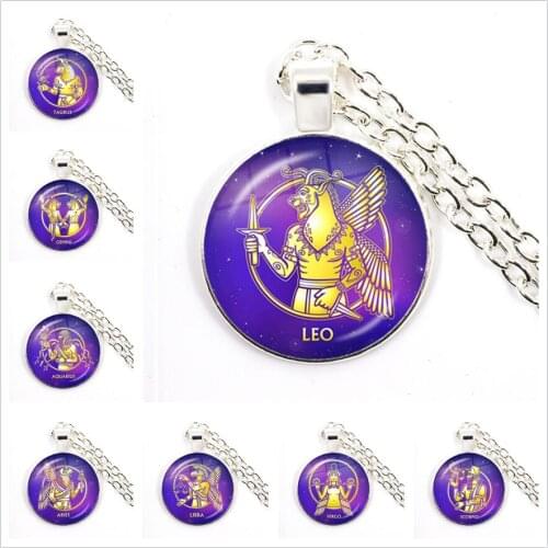 Handmade Initial 12 Constellations Aries Virgo Taurus Cancer Capricorn Sagittarius Leo Pisces Sliver Glass Pendant Necklace