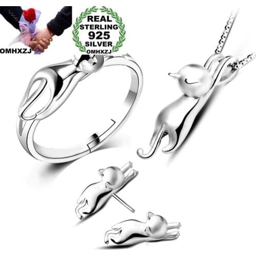 OMHXZJ Wholesale Personality Fashion OL Woman Girl Silver Cat 925 Sterling Silver Stud Earrings+Ring+Necklace Jewelry Set SE22