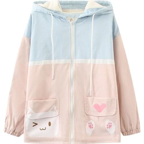 Japanese Kawaii Windbreaker Jacket Women Thicken Cute Cartoon Cat Ears Hooded Coat Teen Girls Color Block Fleece Warm Outerwear