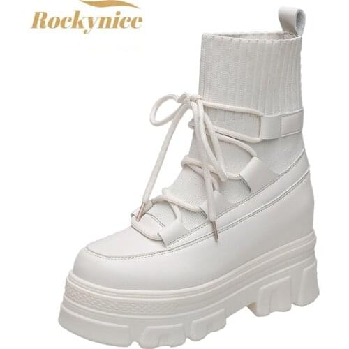 New Womens Ankle Boots 2021 Autumn Mesh Shoes Woman Platform Height Increased Sneakers 8CM Thick Sole Wedges White Black Boots