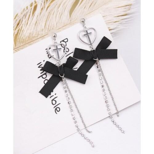 Fashion Hollow Cross Love Heart Earrings for Women Black Sexy Cute Bowknot Long Chain Tassel Drop Earring Party Jewelry 6A3012