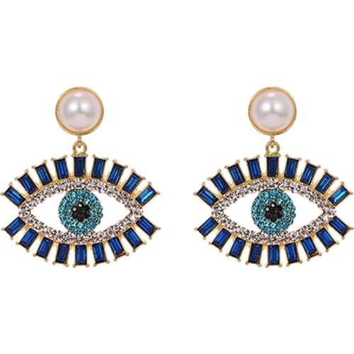 ZHINI 2020 Boho Turkey Gold Color Blue Evil Eye Crystal Drop Earrings for Women Imitation Pearls Earring Fashion Jewelry brincos