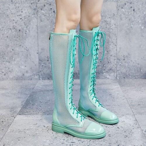 Womens Pointy Toe Mesh Holes Knee Thigh High Boots Breathable Summer Shoes Real Leather Sandals 3Colors New 2021