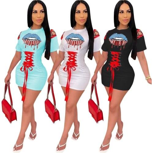 Adogirl Women Lips Printed Lace Up Dress Short Sleeve High Waist Skinny Mini Dress Casual Party Club Bodycon Dress Vestido