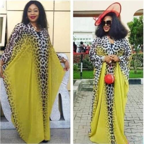 Elegant Vintage Leopard Patchwork Chiffon Dress Women 2 Pieces Set Bazin Kaftan Boubou Raglan Sleeve Long Dresses with Inner