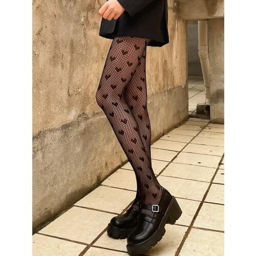 1 pair of sexy fashion heart-shaped thigh tights, mesh print punk stretch pantyhose, black love dot fishnet stockings