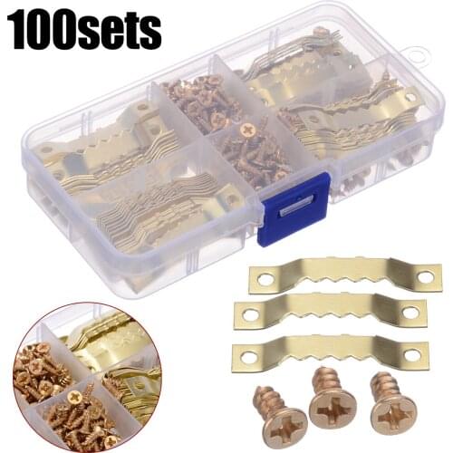 100 Sets Hanging Picture Photo oil Painting Mirror Frame Saw Tooth Hooks Hangers Frame Hooks + Screws 45*8mm Golden New