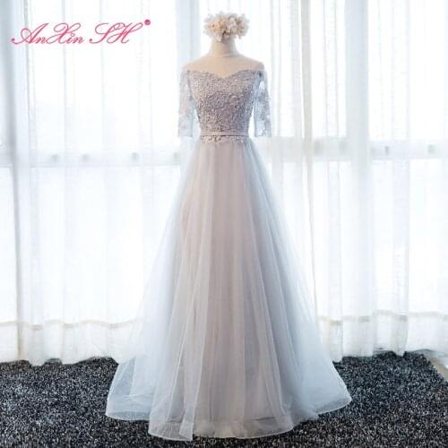 AXJFU princess grey flower lace Bridesmaid Dress party fashion boat neck beading pearls half sleeve pink long Bridesmaid Dress