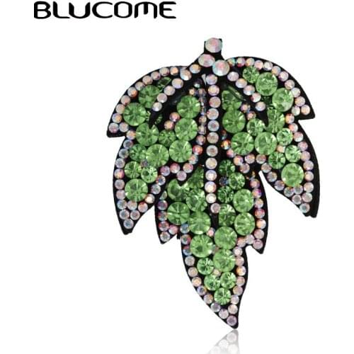 Blucome Rhinestone Green Leaf Plant Shape Brooches Pins Women Men Sweater Collar Clip Suit Hat Badge Pins Jewelry Leather Brooch
