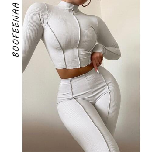 BOOFEENAA Women Casual Two Piece Sets Contrast Stitch Ribbed Knitted Long Sleeve Crop Top Pants Matching Sets Tracksuit C87-DZ36
