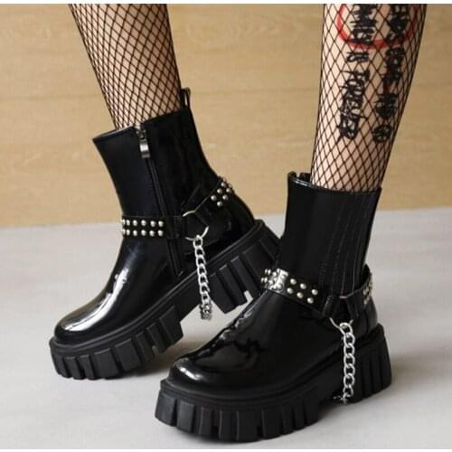 Black Thick Sole Round Toe Winter Ankle Boots Short Metal Chain Rivet Fashion Booty for Women Platform Anti-Slip