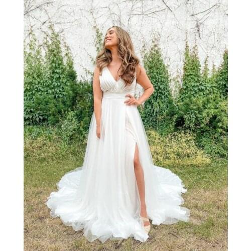 Long Sexy V-Neck Pleated Wedding Dresses with Slit A-Line Tulle Corset Back Robes De Mariée Bridal Gown For Women