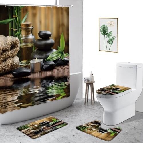 Zen Shower Curtain Bamboo Black Stone Tower Floral Bathroom Decoration Set Non-Slip Carpet Toilet Cover Bathtub Screen With Hook