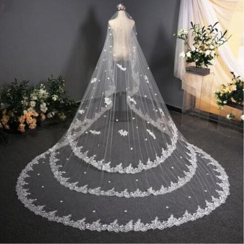 Elegant Bridal Veil Full Edge Lace Applique One-Layer Wedding Blush Veil Luxurious Cathedral White/Ivory Veil