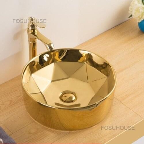 European Golden Luxury Bathroom Sink Upper Hand Basin Round Gold Washbasin Washstand Toilet Ceramic Basin Bathroom Basin