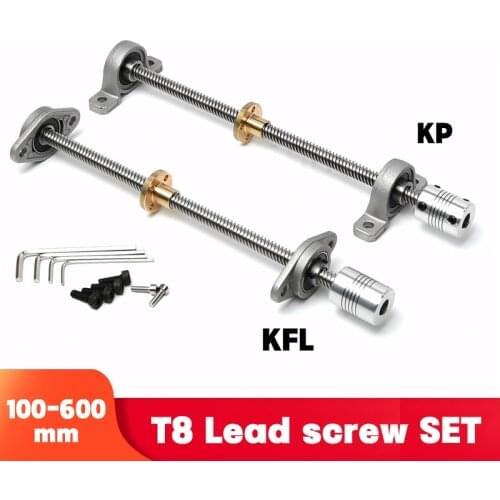 1Set 200/250/300/400/500mm 3D Printer &CNC T8 Lead Screw 8mm + Brass Copper Nut +KP08/KFL08 Bearing Bracket +Flexible Coupling