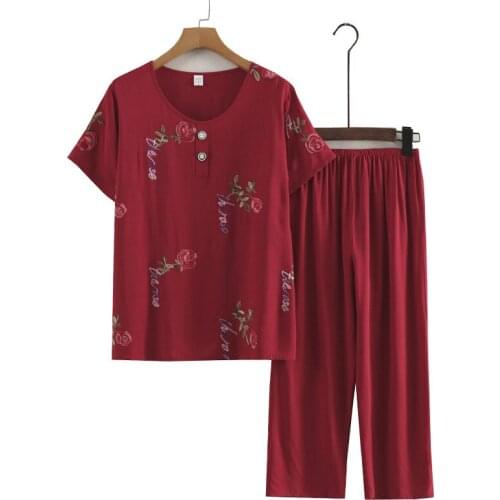 Two Piece Set Women Flower Embroidered Button Short-Sleeve Nightie Pure Fashion Trouser Suits For Ladies Casual Blue Red XL-4XL