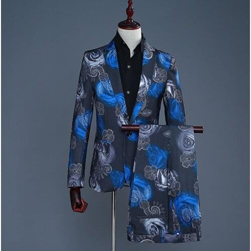 Black Blue Rose Floral Print Suit Men Slim Fit Single Button 2 Piece Suit (Jacket+Pants) Men Wedding Groom Tuxedo Suits Costumes