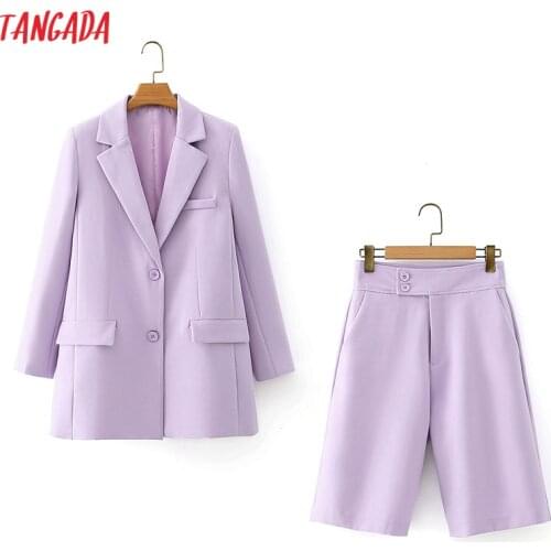 Tangada 2021 womens suit set lavender casual blazer suit 2 piece set female jacket ladies blazer Shorts Sets DA105