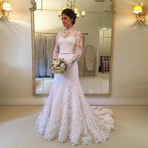 Vestido De Noiva Mermaid Wedding Dresses Long Sleeves Muslim Wedding Gowns High Neck Lace Applique Bridal Gowns Robe De Mariee