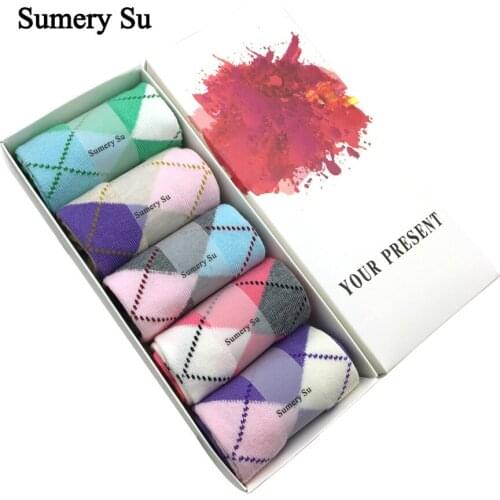 5 Pairs/Lot Candy Cotton Socks Girls Patchwork Style Breathable Casual Long Socks Meias Charming Female Ladies Sweet Gift