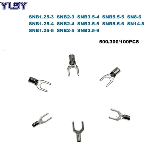 Spade Bare Crimp Terminals Electrical Cord End Wire Connector SNB1.25~SNB14 Cable Ferrules 22-6AWG 0.5-16mm2 500/300/100Pcs