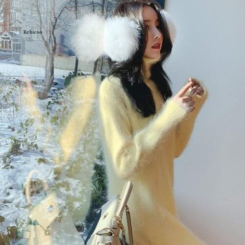 Solid Turtleneck Knitted Sweater Dress for Women Autumn Winter Warm Sweaters Lantern Sleeve Knitwear Dresses Loose