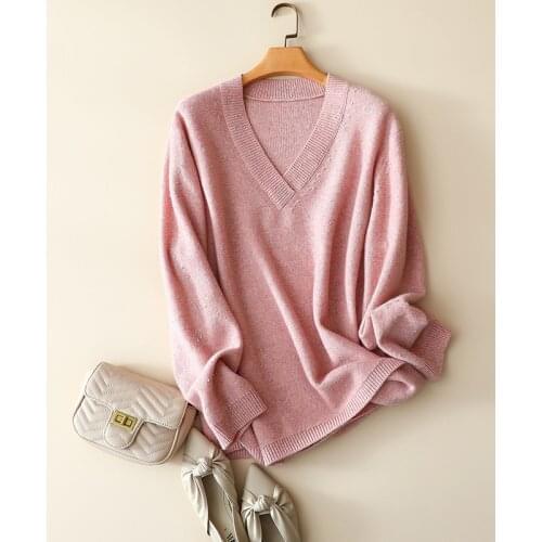 Autumn winter fashion cashmere wool pink sweater v neck womens oversized pullovers long sleeve knitted sliver lurex loose tops