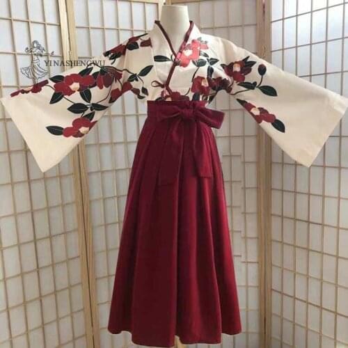 Japanese Dress Kimono Costume Woman Skirt Asian Femal Clothing Lady Yukata Haori Tops Print Kawaii Clothes Girls Party Robe Sets