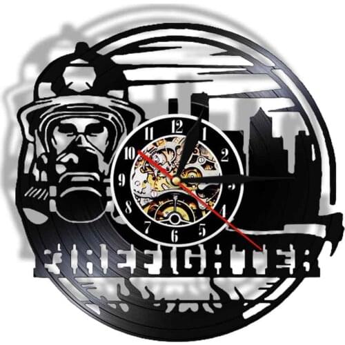 Firefighter Helmet Vinyl Record Wall Clock Fire Department Office Vintage Decor Sign Firefighting Rescue Firemen Slient Watch