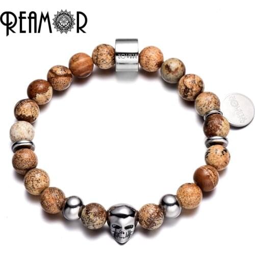 REAMOR New Arrival Natural Picture Stones Beads with 316l Stainless Steel Skull Beads Stretch Energy Bracelets for Men Jewelry