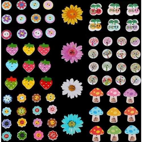 Mixed Buttons 50/80PCS Strawberry/Mushroom/Flower Pattern Wooden Two Holes For DIY Sewing Scrapbooking Craft Garment Accessory